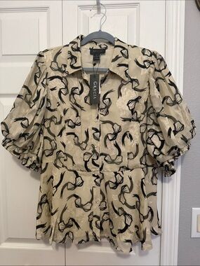 Gracia Beige and Black Puff-Sleeve Button-Front Dress
